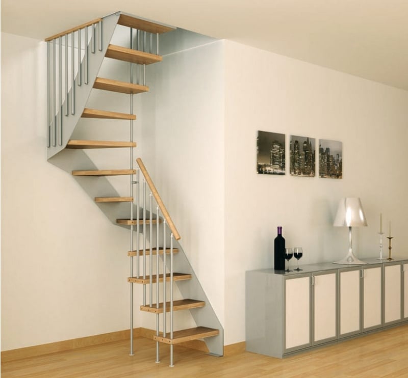 escalier gain de place tournant marches-bois-crémaillère-métal