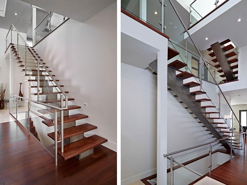 escaliers-bois-marches-bois-limon-central-garde-corps-verre-main-courante-metal escaliers en bois