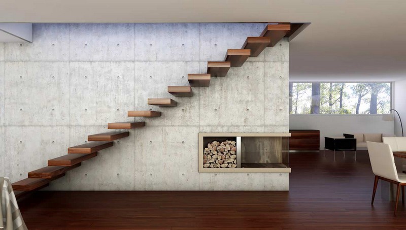 escaliers-bois-suspendu-droit-marches-bois-mur-beton escaliers en bois