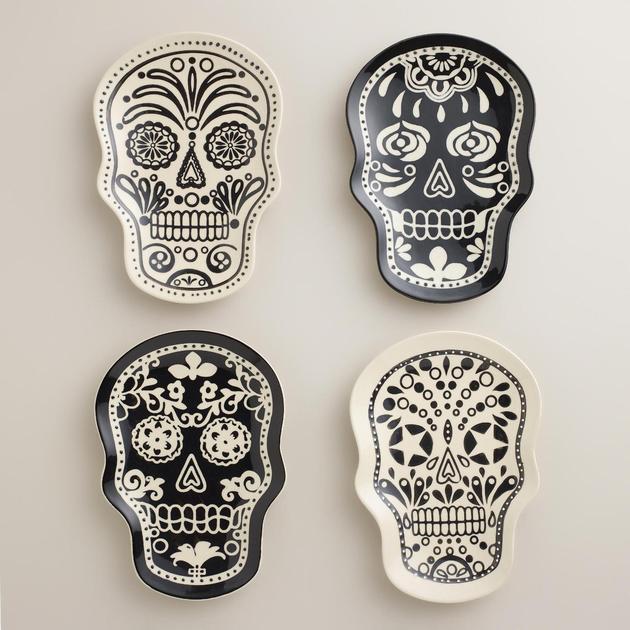 fête-morts-crânes-sucre-noir-blanc-motifs-mexicains-assiette-décorative-murale