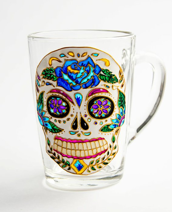 fête-morts-gobelet-verre-transparent-motif-dessin-crâne-sucre-multicolore