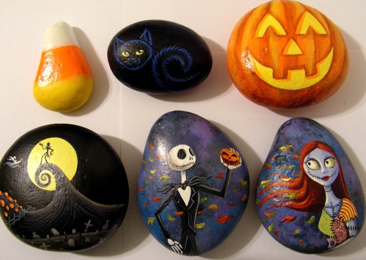 galets-décoratifs-motifs-Halloween-chat-squelette-citrouille