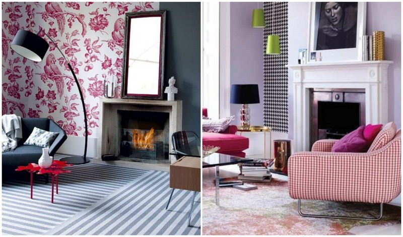 idee-deco-petit-salon-papeir-peint-motifs-rouges-cheminee-fauteuil-vichy-coussins-rose