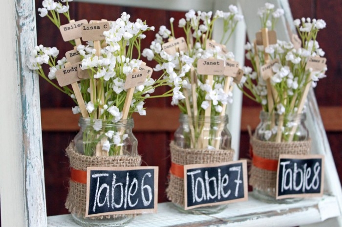 idée-plan-table-mariage-pots-verre-fleurs-toile-jute