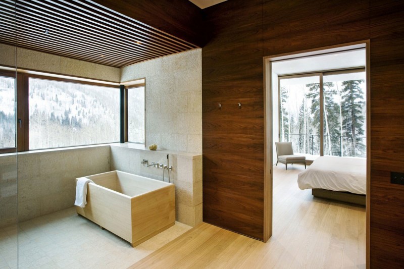 image-salle-bain-naturelle-baignoire-bois-lambris-mural-bois-vue-montagne image salle de bain
