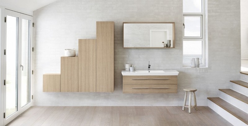 image-salle-bain-naturelle-blanche-moderne-mur-brique-meuble-vasque-bois-meuble-colonne-bois image salle de bain