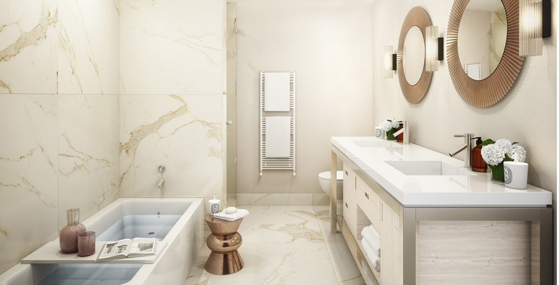 image-salle-bain-naturelle-carrelage-marbre-blanc-meuble-vasque-bois-clair-accents-cuivre image salle de bain