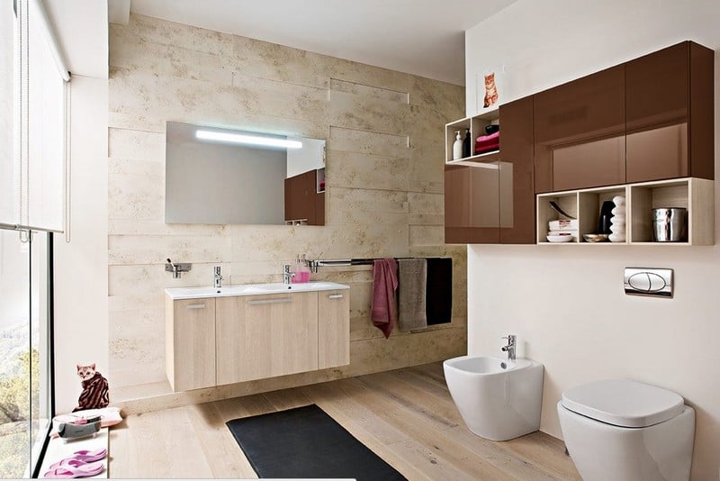 image-salle-bain-naturelle-meuble-vasque-bois-clair-carrelage-mural-travertin-parquet image salle de bain