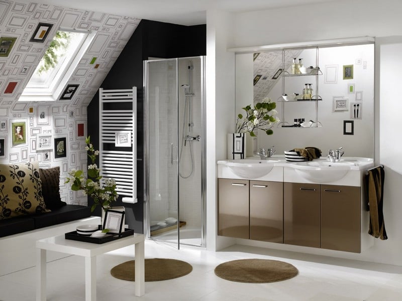 image-salle-bain-naturelle-plantes-vertes-fleurs-peinture-marron-blanc image salle de bain