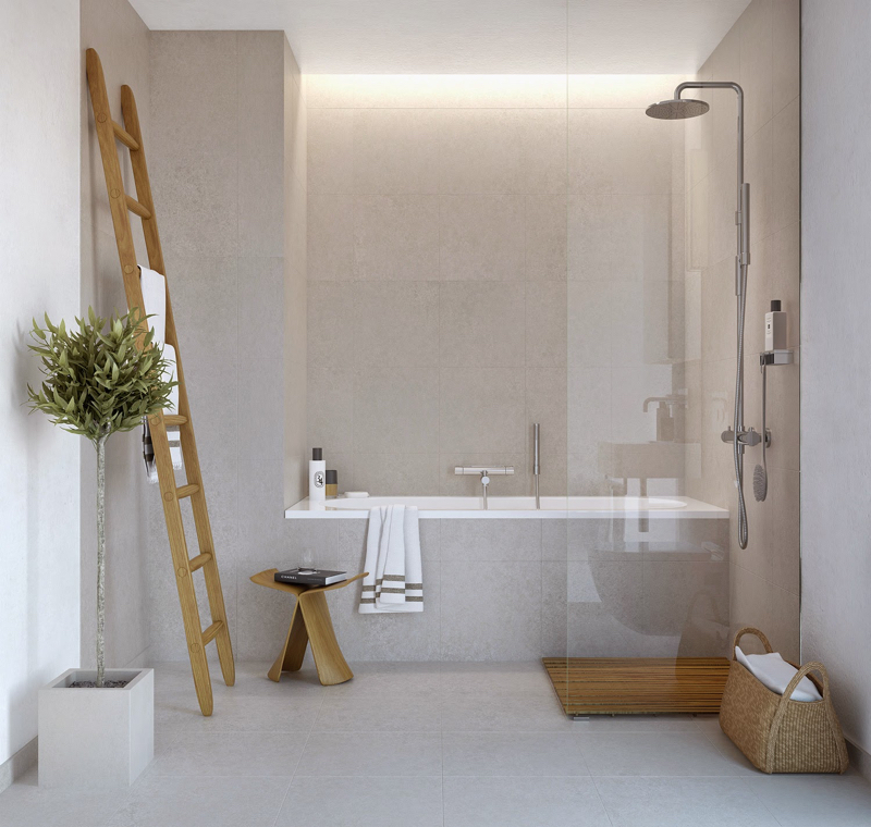 image salle de bain -plante-intérieur-pot-porte-serviettes-échelle-receveur-douche-bois
