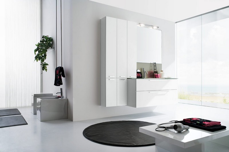 inspiration-salle-bain-blanche-carpette-ronde-noire-meuble-suspendu
