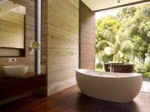 inspiration salle de bain esprit nature baignoire ilot ovale pierre bois