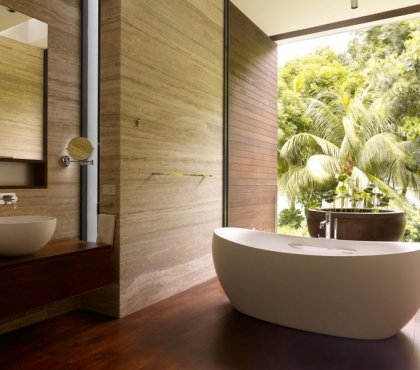 inspiration salle de bain esprit nature baignoire ilot ovale pierre bois