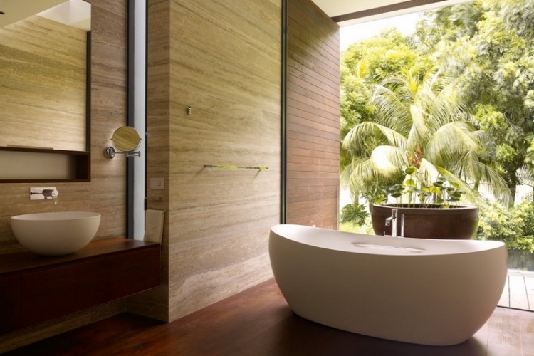 inspiration salle de bain esprit nature baignoire ilot ovale pierre bois