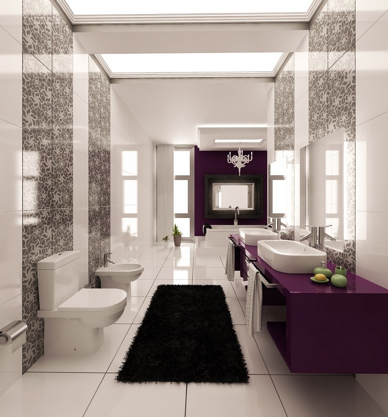 inspiration-salle-bain-néo-baroque-meuble-prune-laqué-tapis-shaggy-noir