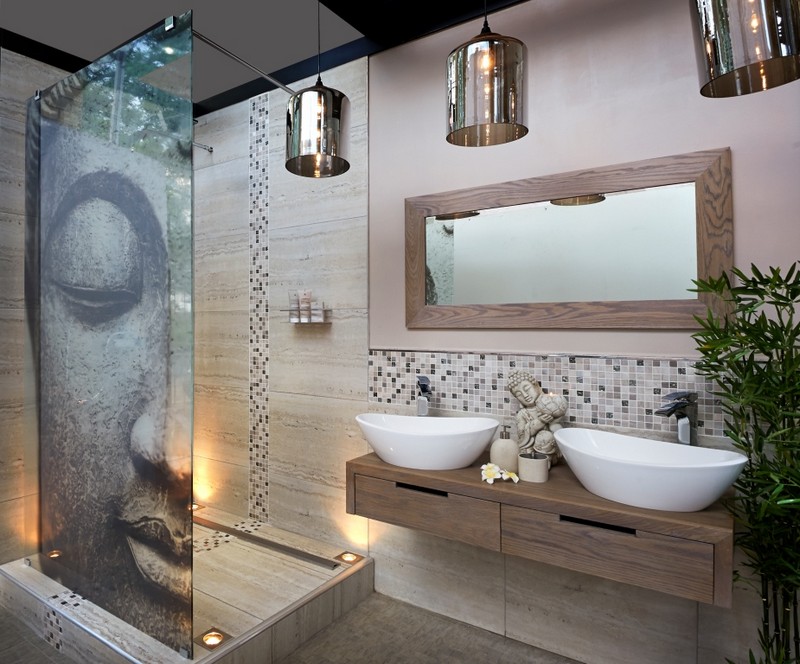inspiration-salle-bain-paroi-douche-Bouddha-mosaique-meuble-double-vasque