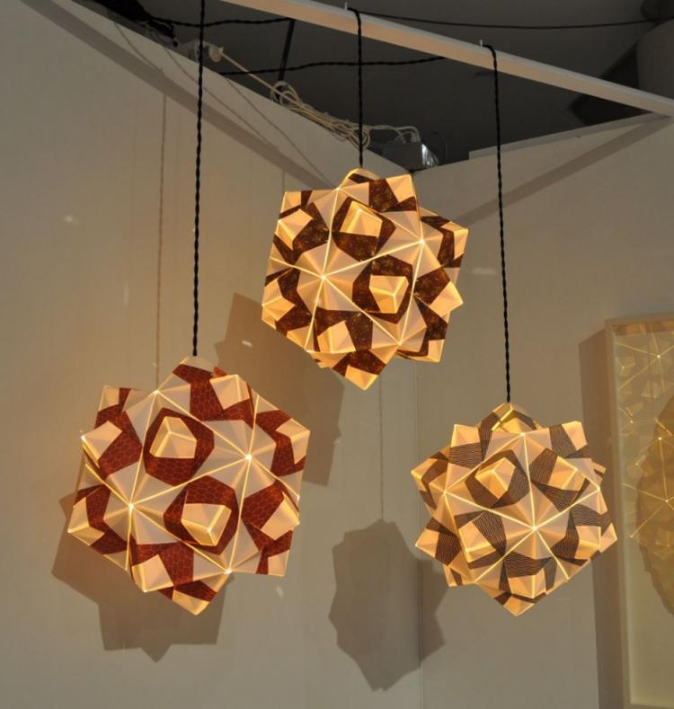lampe-origami-artisanale-relief-marron-jaune-originale