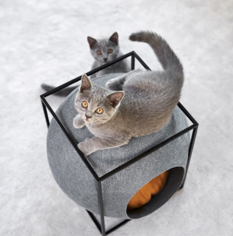lit-pour-chat-original-cocon-coton-gris-cadre-cube-métal