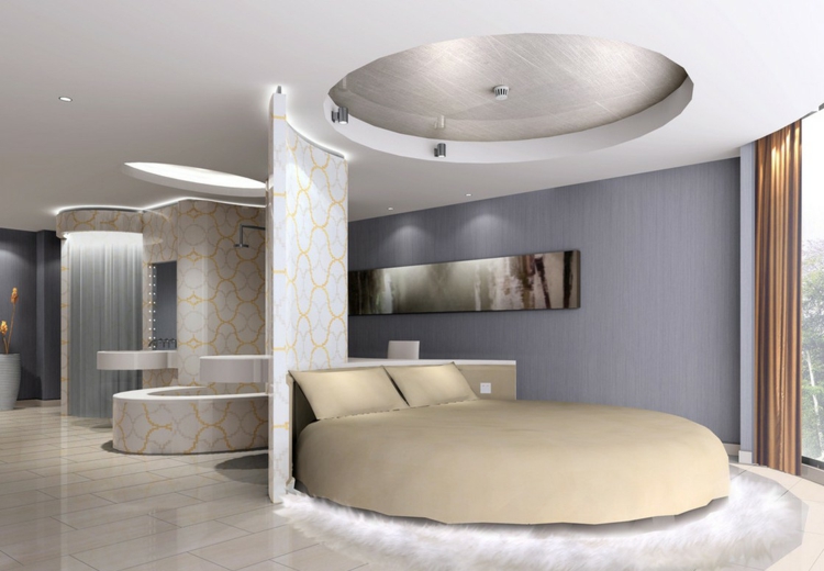 lit-rond-design-plafond-décoratif-assorti-papier-peint-motifs