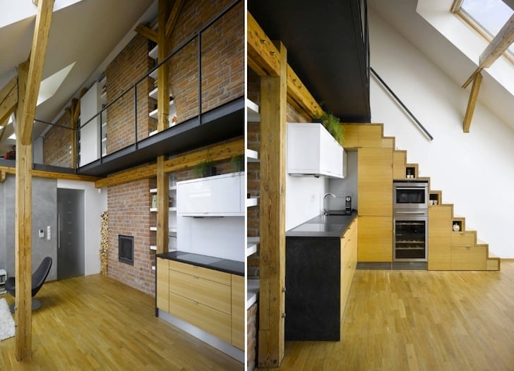 loft-moderne-escalier-gain-place-cuisine-mur-briques