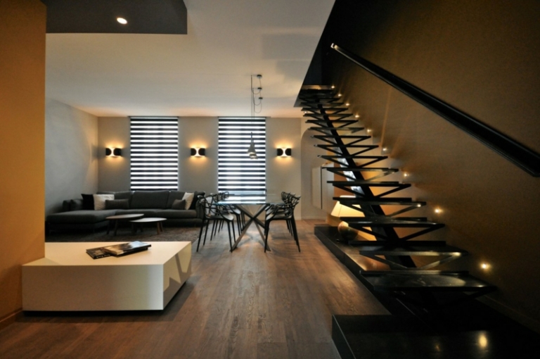 meuble-noir-salon-canape-gris-coin-repas-escalier-noir meuble noir