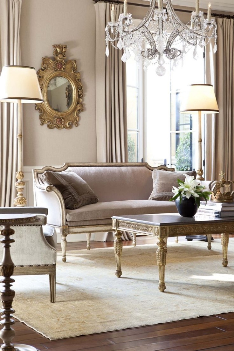 meubles-baroques-canapé-tissu-gris-clair-table-basse-assortie-coussins-décoratifs