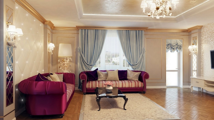 meubles-baroques-canapés-velours-rose-vif-coussins-décoratifs-assortis