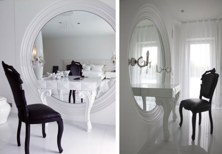 meubles-baroques-chaise-médaillon-cuir-noir-miroir-rond-cadre-bois-blanc-design
