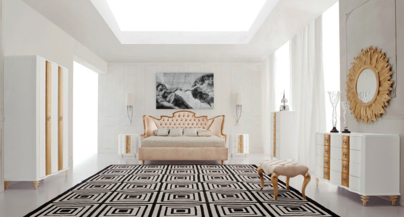 meubles baroques lit-capitonné-beige-tapis-moderne-motifs-noirs-blancs