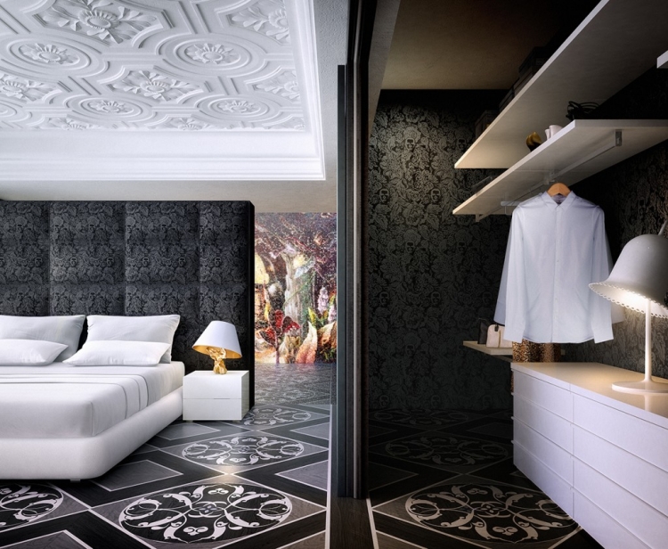 meubles-baroques-lit-moderne-blanc-mobilier-assorti-sol-bois-motifs-noirs-blancs