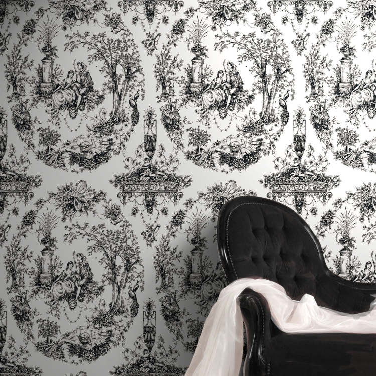 meubles-baroques-papiers-peints-blancs-motifs-gris-méridienne-velours-noir-capitonnée