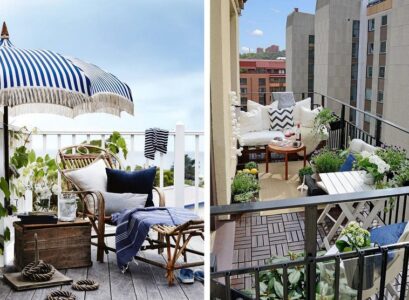 mobilier-balcon-en bambou-coussins-bleus