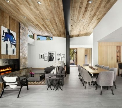 mur-pierre-plafond-papillon-bois-cheminee-moderne-chaises-canape-gris-meubles-bois