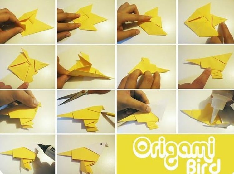 origami-animaux-oiseau-papier-jaune-blanc-instructions-photo origami animaux