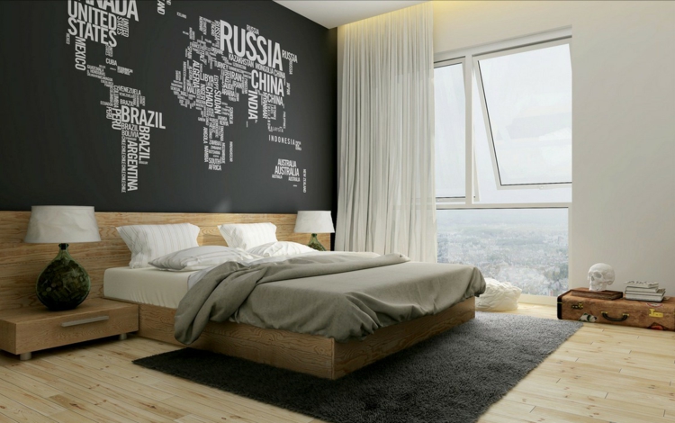 papier-peint-noir-carte-continents-blanc-chambre-coucher