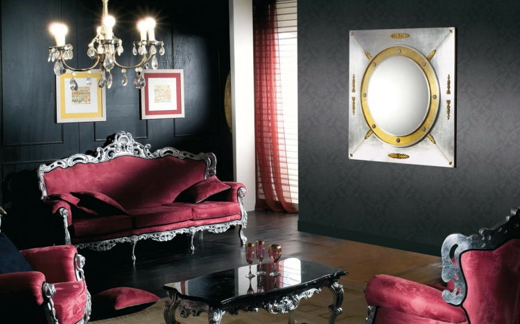 papier-peint-noir-meubles-baroques-rouge-ornements-argent