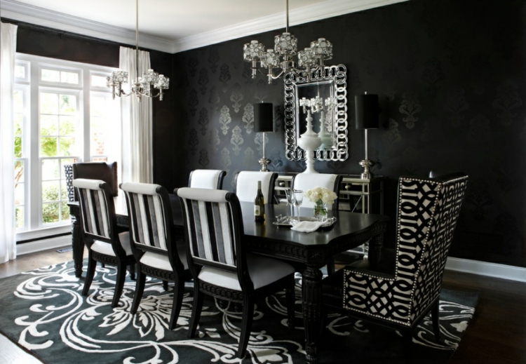 papier-peint-noir-motif-baroque-or-salle-manger-tapis-noir-blanc