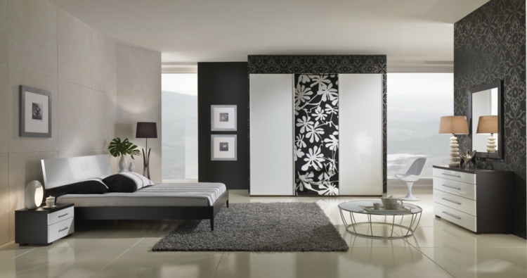 papier-peint-noir-motif-floral-discret-chambre-carrelage-mural-grand-format