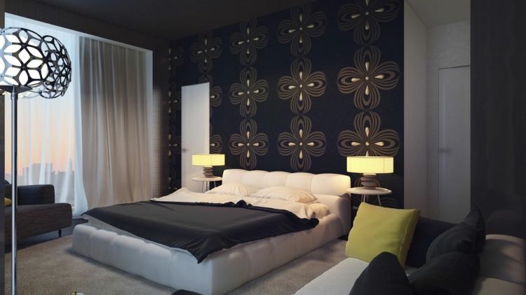 papier-peint-noir-motif-floral-jaune-chambre-coucher-lit-blanc
