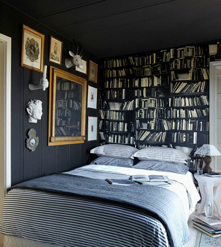 papier-peint-noir-trompe-oeil-bibliotheque-chambre-coucher