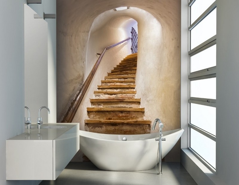 papier-peint-salle-bain-motifs-escalier-bois-ambiance-proche-nature