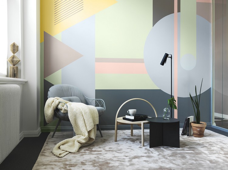 peinture-decorative-dessin-geometrique-abstrait-couleurs-pastel-gris-anthracite-chaise-grise peinture décorative