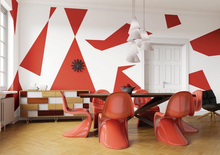 peinture-decorative-dessin-geometrique-abstrait-rouge-salle-manger-chaises-panton-rouges 