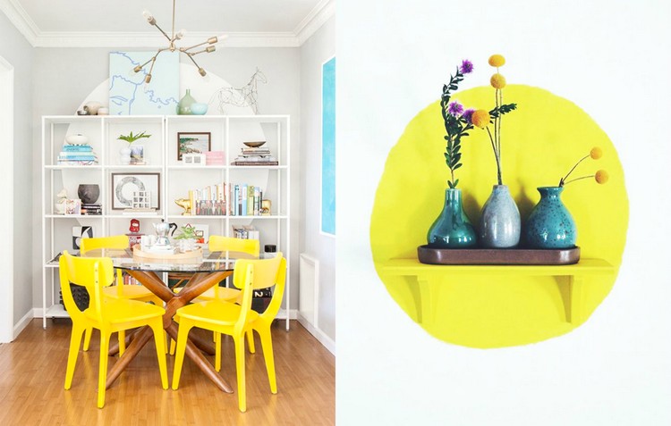 peinture-decorative-dessin-geometrique-cercle-jaune-blanc-salle-manger-chaises-jaunes