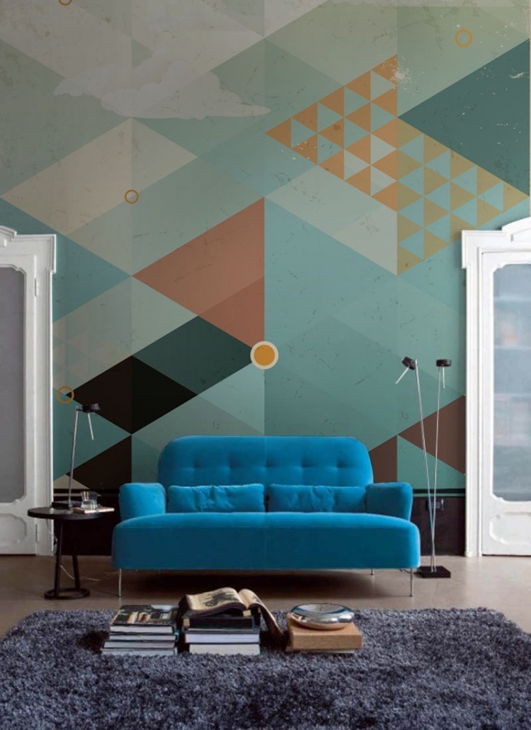 peinture décorative dessin géometrique de style vintage canapé bleu