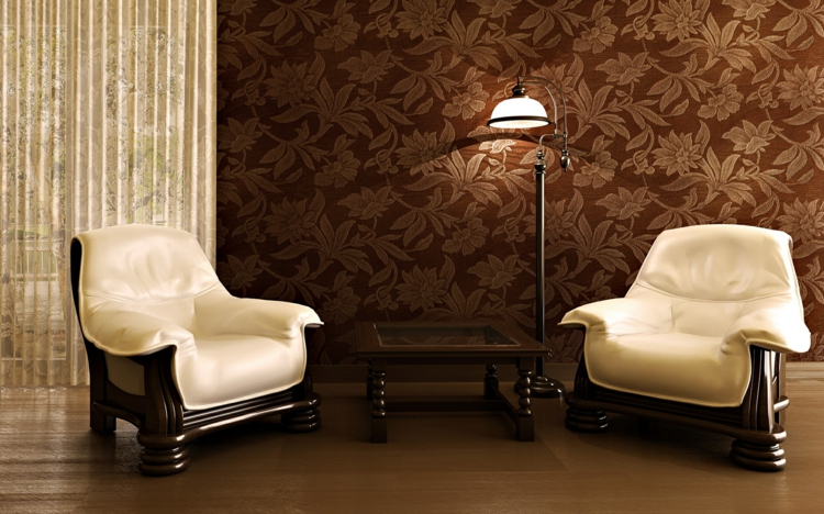 peinture-marron-papier-peint-marron-motifs-floraux-fauteuils-bois-sombre-tapisserie-blanche peinture marron