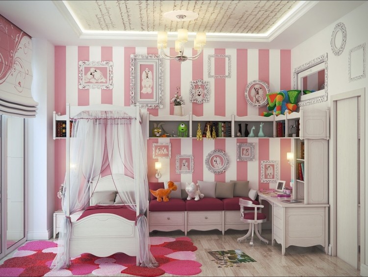 peinture-rose-blanc-chambre-coucher-mobilier-blanc-tapis-motifs-coeurs-roses-rouges