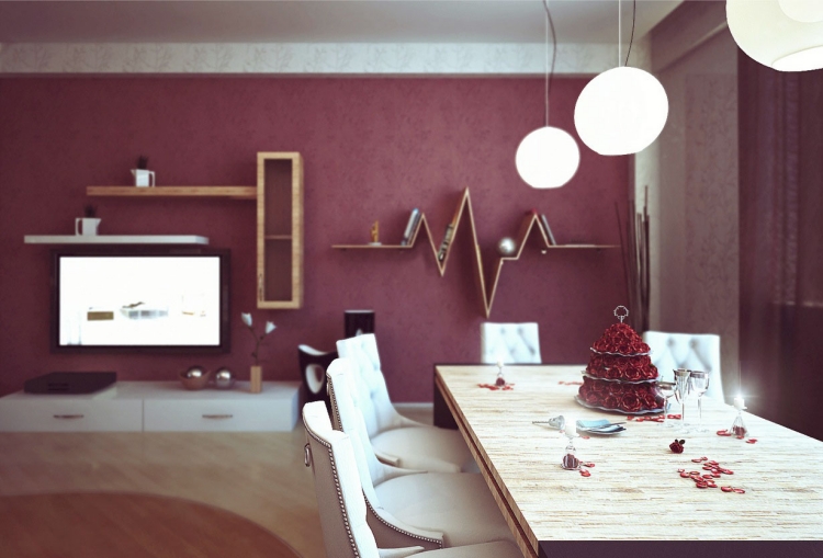 peinture-rose-table-design-bois-brut-chaises-cuir-blanc-capitonnées-éclairage-suspendu