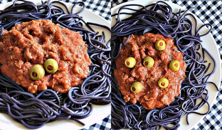 recettes Halloween plat principal spaghetti noirs sauce bolognaise