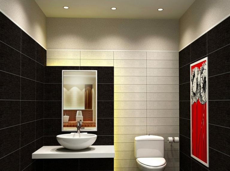 revêtement-mural-salle-bain-carrelage-rectangulaire-noir-beige-tableau-rouge